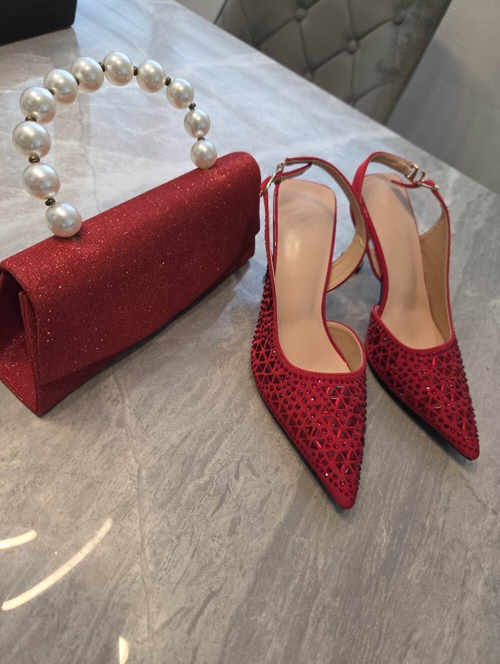 Red Jeweled Pointed Slingback Heels with Matching Pearl-Handle Clutch